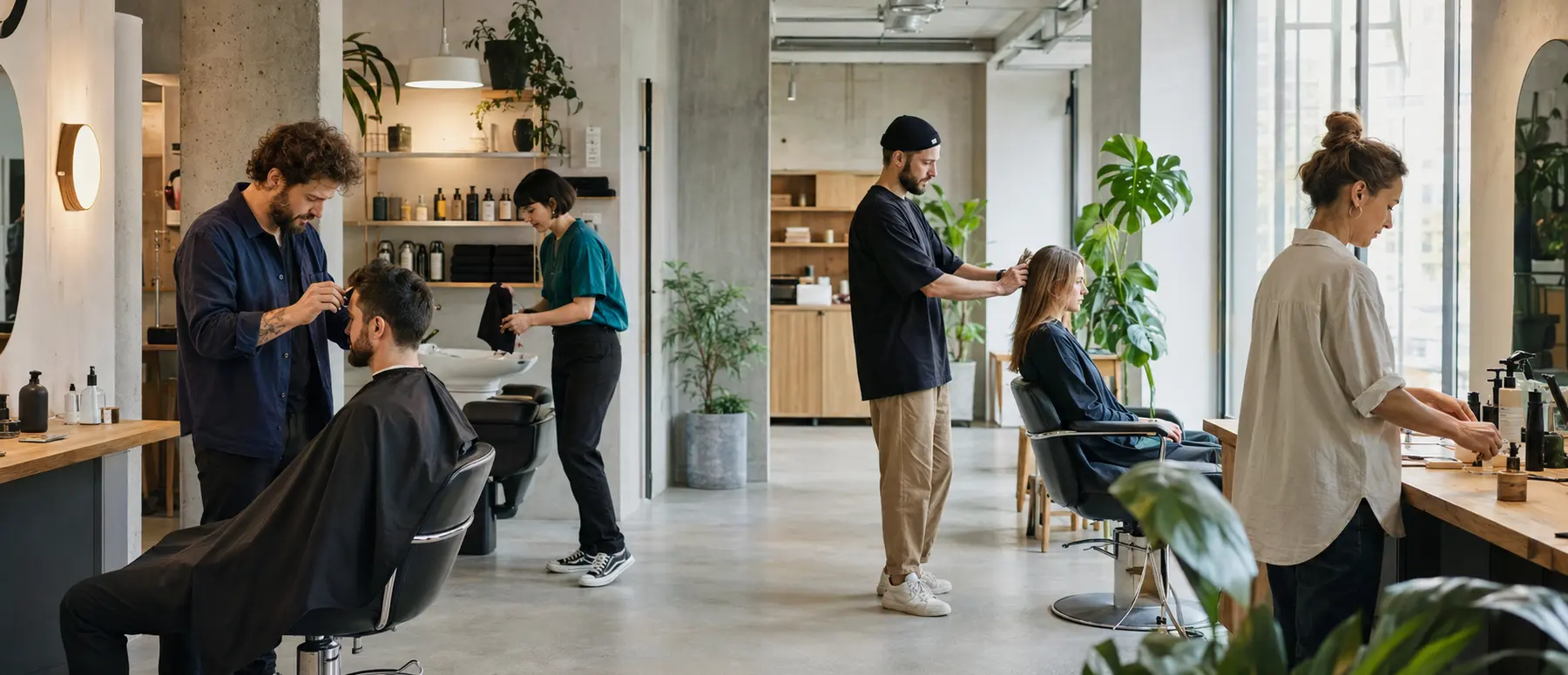 A hair and barber team during a calm day at the salon